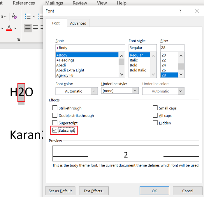 Add superscript or subscript in Microsoft Word