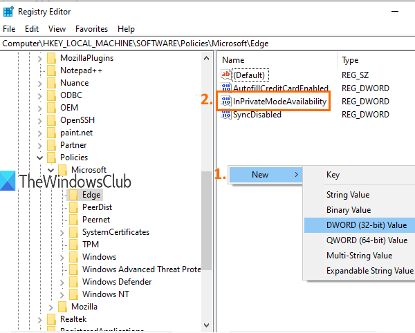 create inprivatemodeavailability dword value