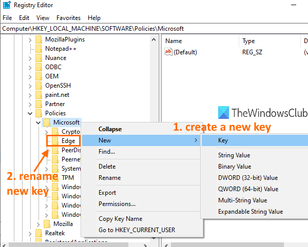 create edge key under microsoft key