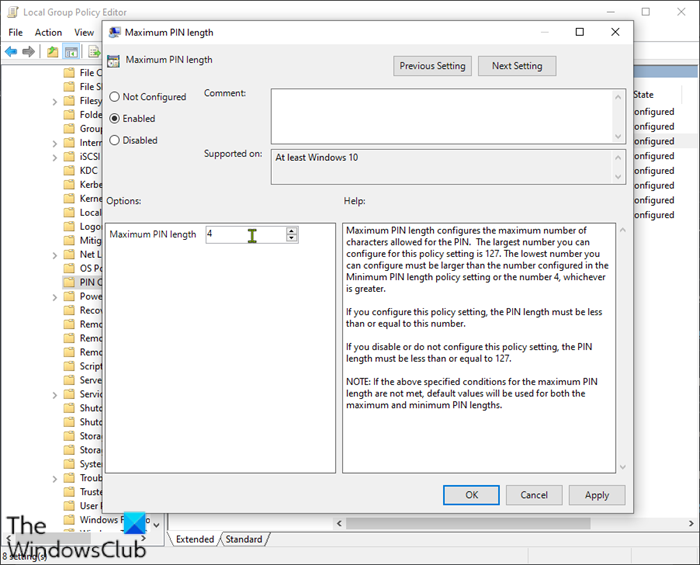 Specify the Maximum PIN length-GPeditor