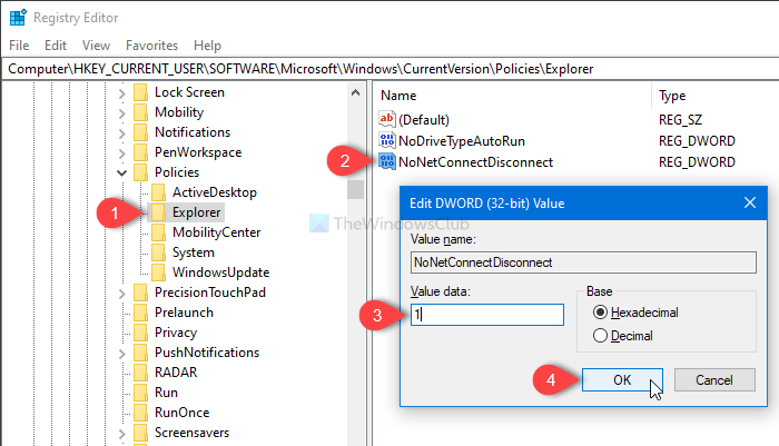 How to remove Map network drive and Disconnect network drive options from This PC