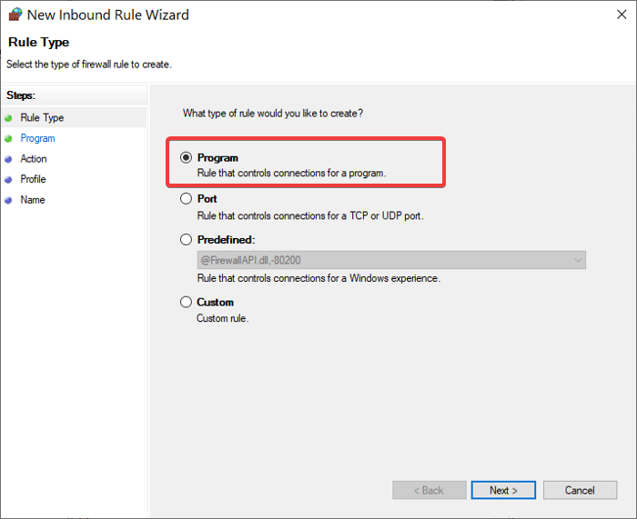 new inbound program rule for firewall