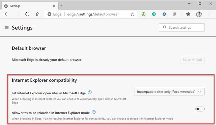 Edge Browser Settings for IE Redirection