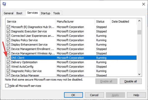 enable disabe dns service configuration