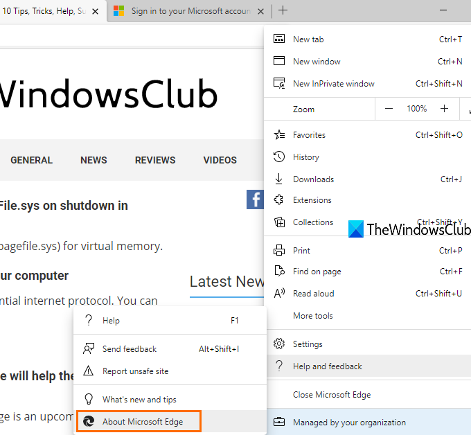 open about microsoft edge page to update browser