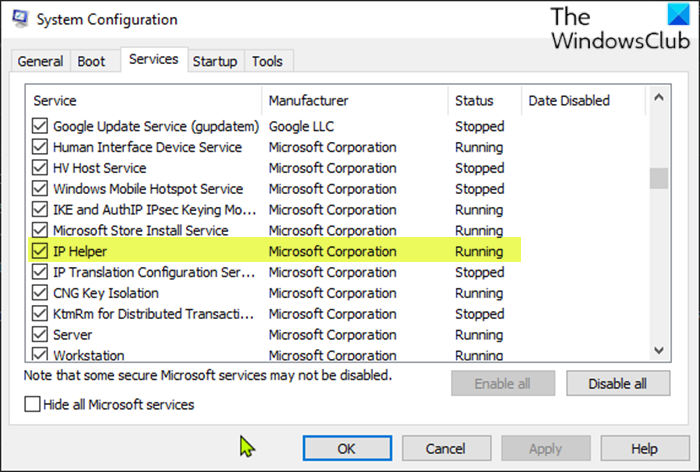 Enable or disable IP Helper Service-System Configuration