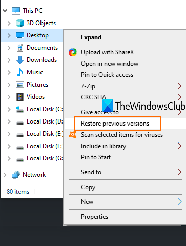 access restore previous versions option