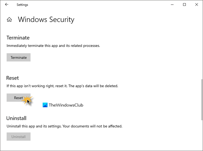 Reset Windows Security App