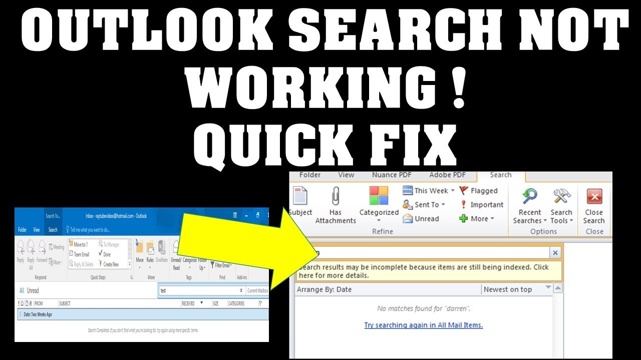 outlook 2016 search not working windows 10