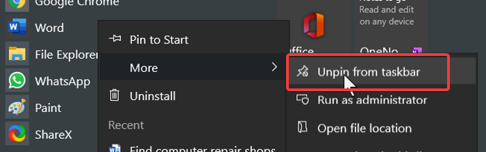 unpin from taskbar