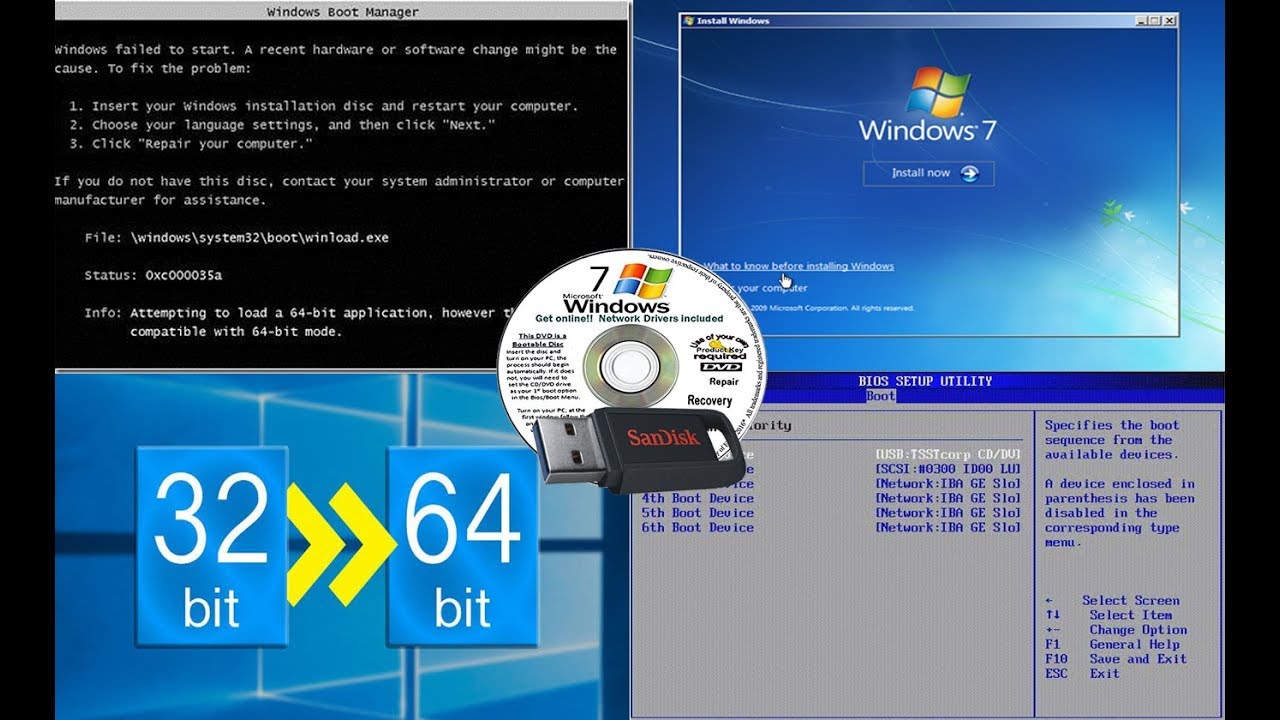 how to change 32 bit to 64 bit windows 7 without reinstalling