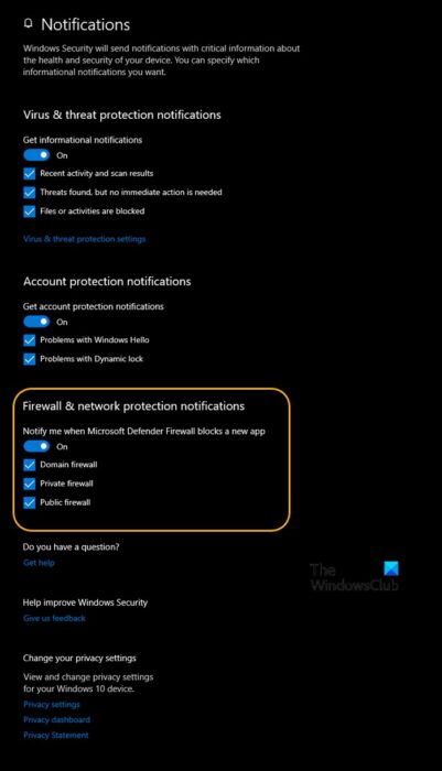 Turn On or Off Windows Defender Firewall Notifications in Windows Security Center