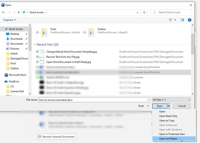 Open and Repair Word File