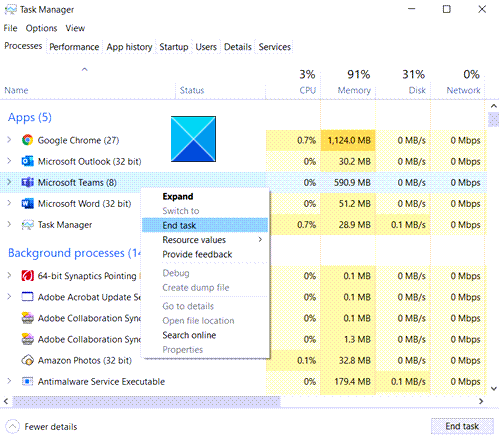 Microsoft Teams End Task