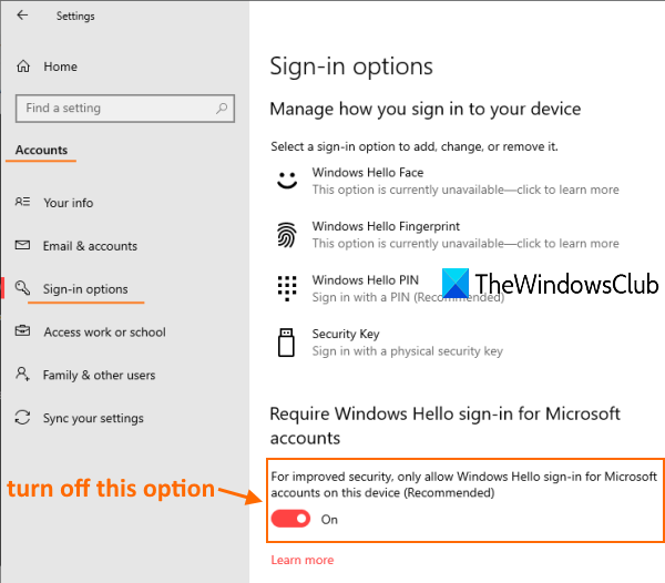 access sign in options page and turn off only allow windows hello sign in option