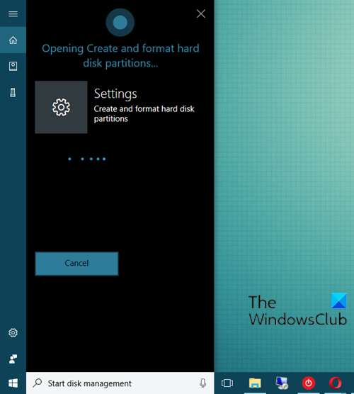 Open Disk Management via Cortana