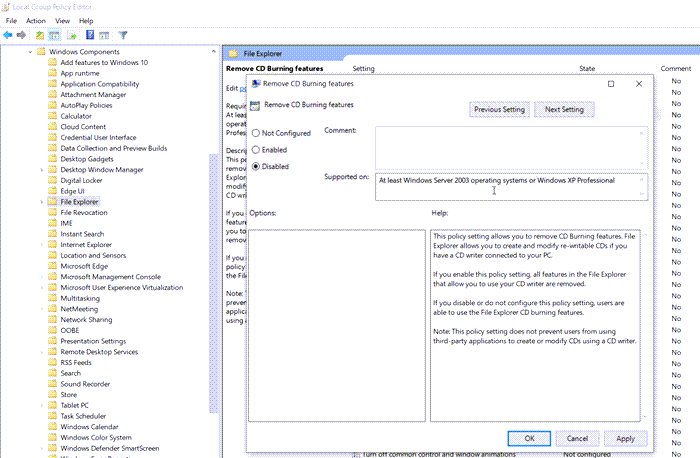 Group Policy Disc Burn Disabled