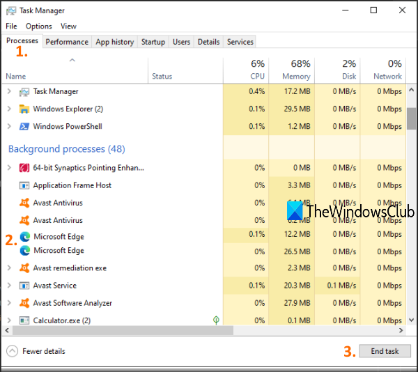 end running processes of microsoft edge using task manager