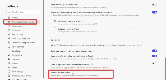 microsoft edge settings to turn off address bar suggestions