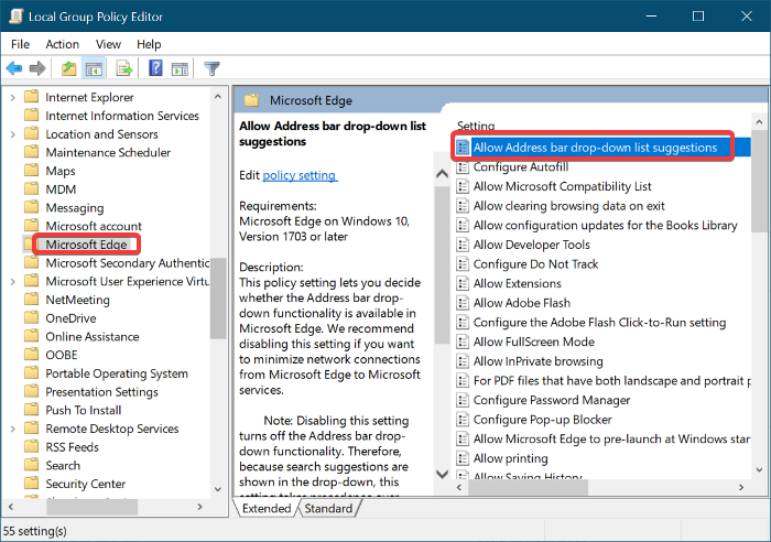  local group Allow Address bar drop-down list suggestions