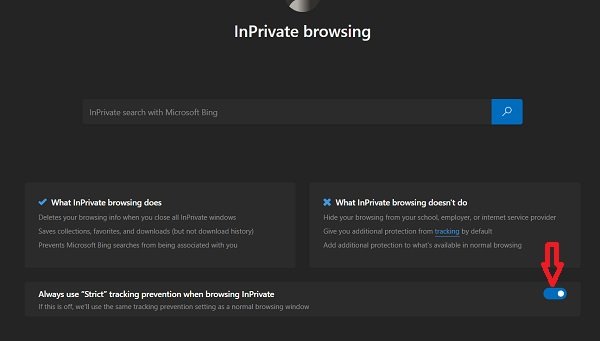 Always use Strict tracking prevention when browsing InPrivate in Edge