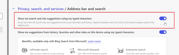 disable or enable address suggestions in microsoft edge toggle