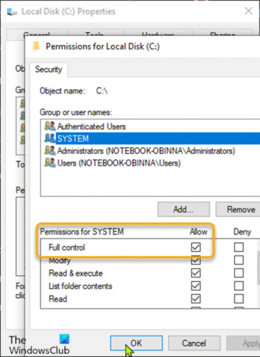 Grant Full Control permissions to the SYSTEM account-1