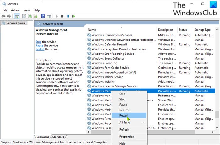 Restart Windows Management Instrumentation (WMI) service