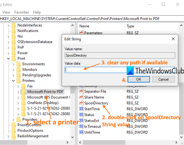 delete any fake path in spooldirectory value data field of your printer