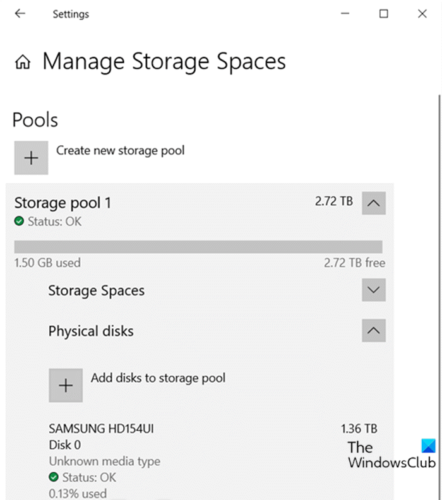 Add Drives to Storage Pool for Storage Spaces via Settings app