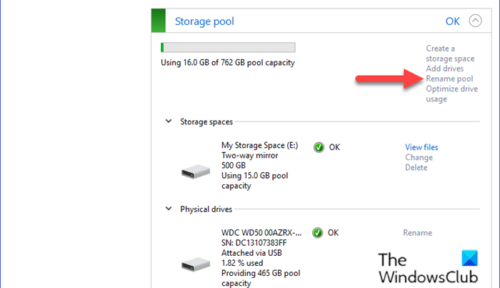 Rename Storage Pool for Storage Spaces via Control Panel