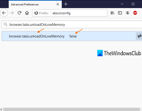 access browser.tabs.unloadOnLowMemory and set its value to false
