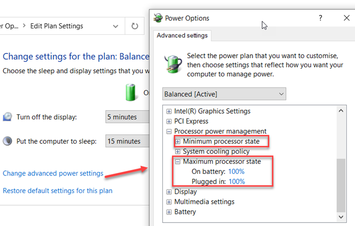 How to Change Processor Power State when on battery using powercfg command line in Windows 10