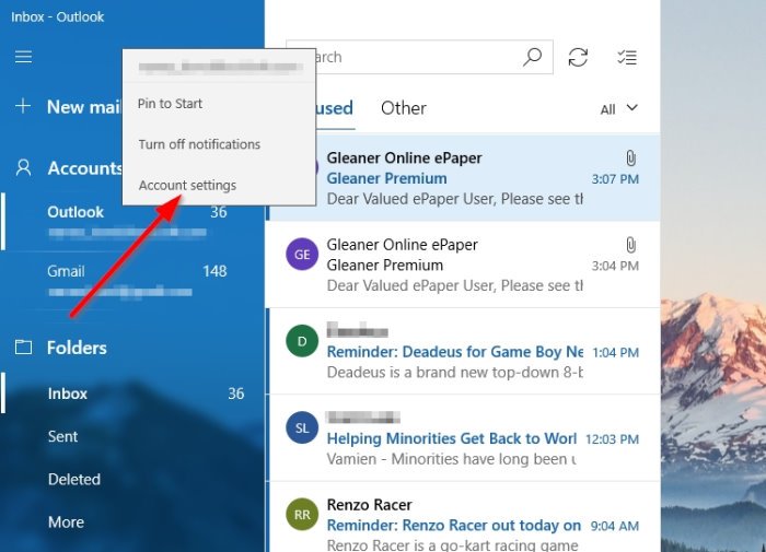 How to change order of email accounts in Windows 10 Mail app