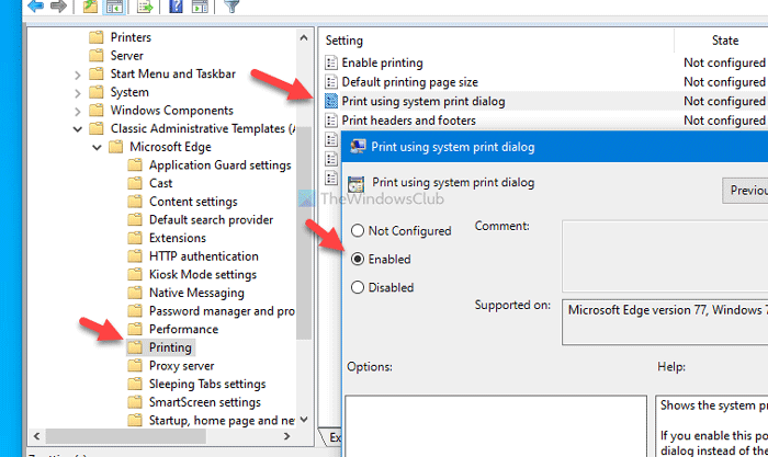 How to enable or disable System Print Dialog in Edge