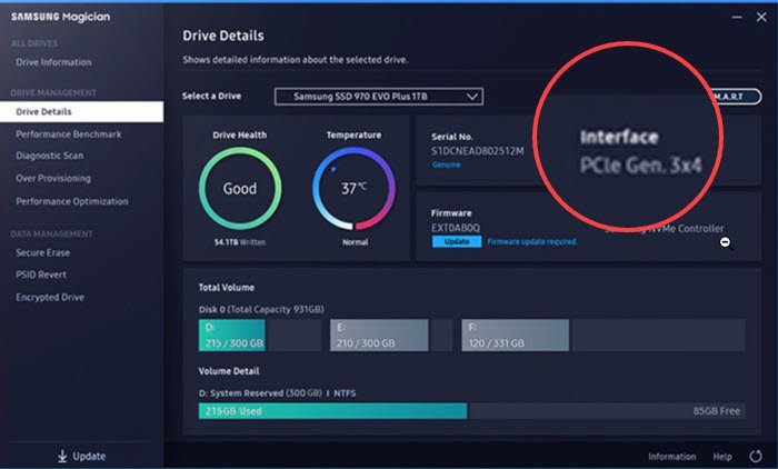 Samsung Magician Software to check interface of SSD drive