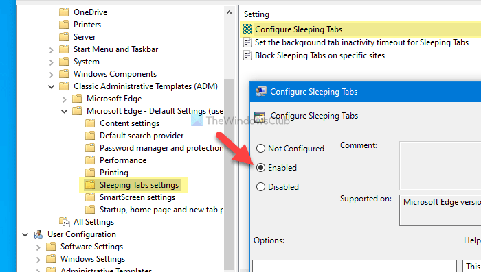 How to turn on or off Sleeping Tabs in Edge using Registry and Group Policy