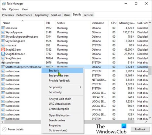 Restart StartMenuExperienceHost.exe-Task Manager-Details tab