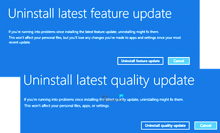 Uninstall latest Quality Update or Feature Update