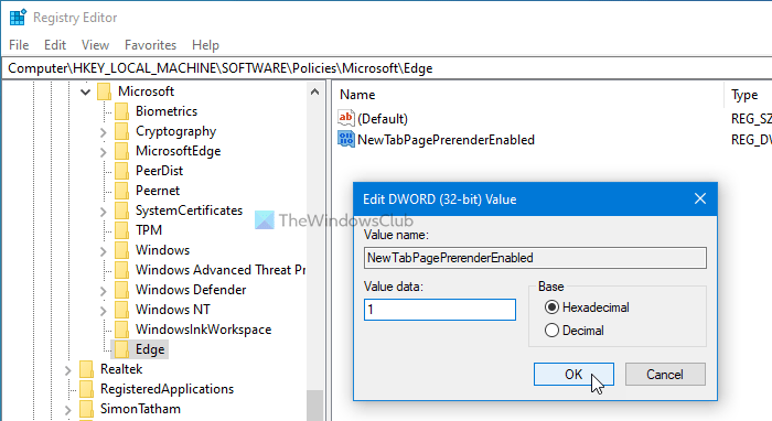How to turn on Preload new tab page on Edge using Registry