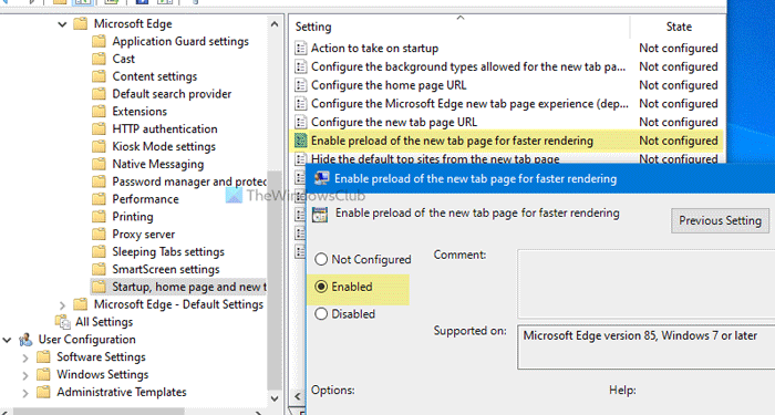 How to enable Preload new tab page on Edge using Group Policy