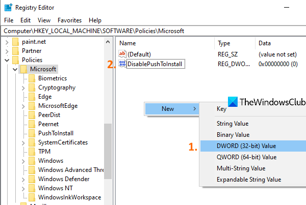 create DisablePushToInstall DWORD value