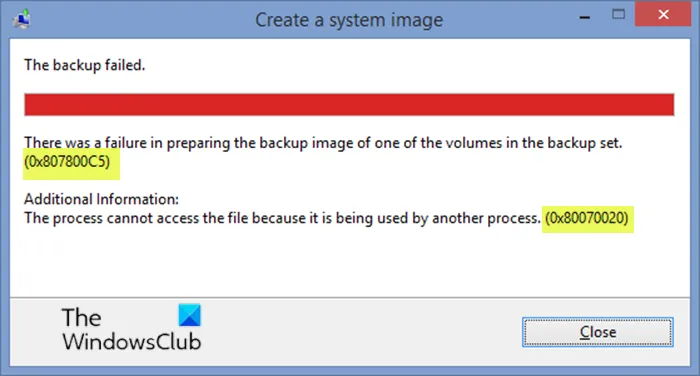 System Image Backup errors 0x807800C5 and 0x80070020