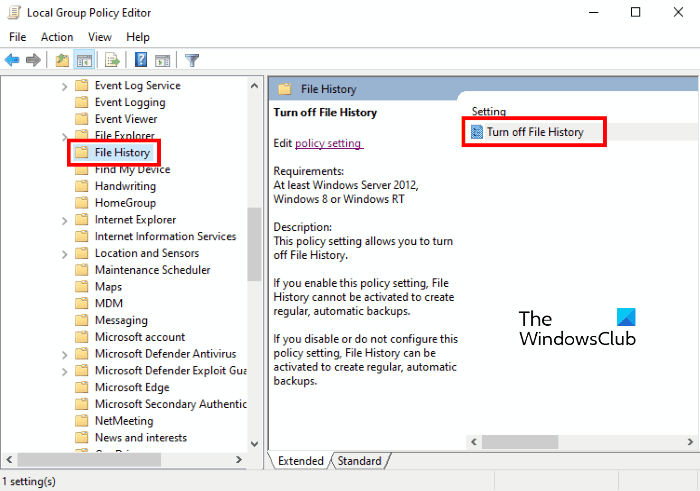 disable filehistory group policy editor