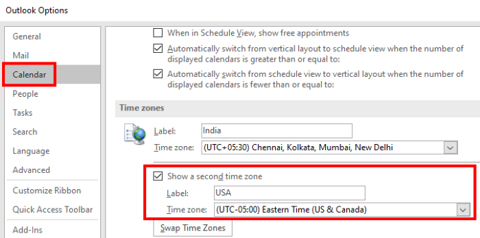 add second time zone outlook