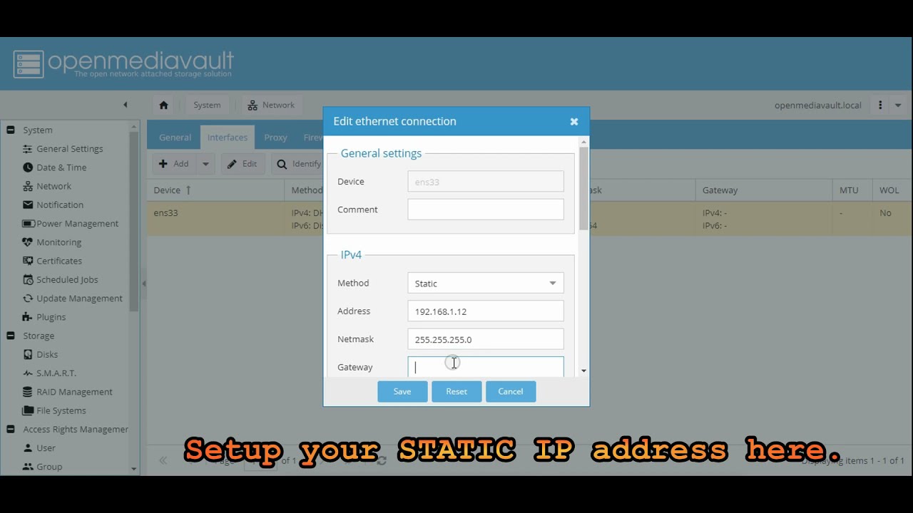 2. Setup Static IP Address in openmediavault.