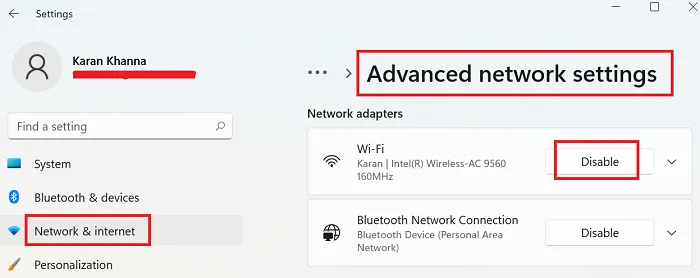 Enable and Disable Wi-Fi and Ethernet adapter on Windows 11 through Settings