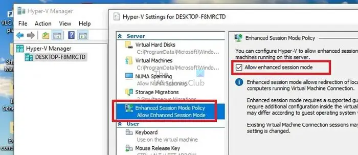 Hyper v Allow Session Mode