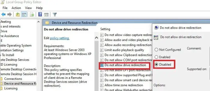 gpedit driver redirection disable