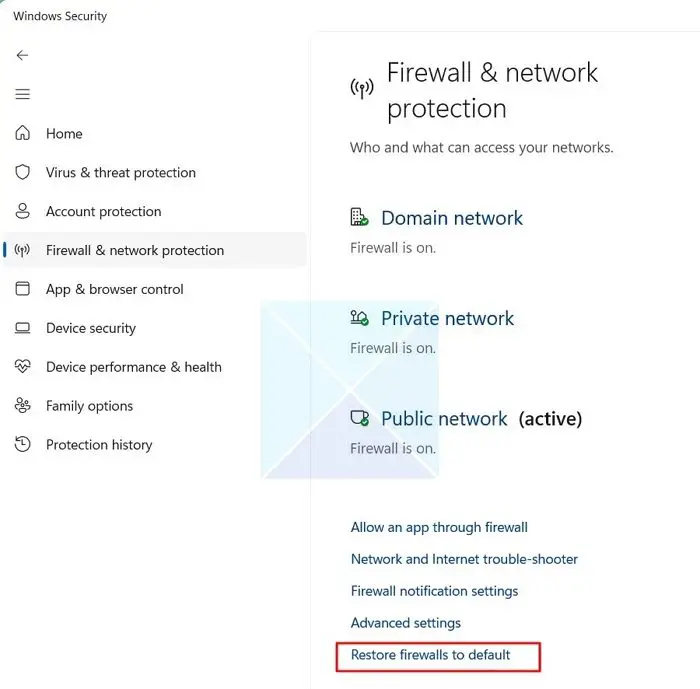 Choose Restore Firewall to Defaults